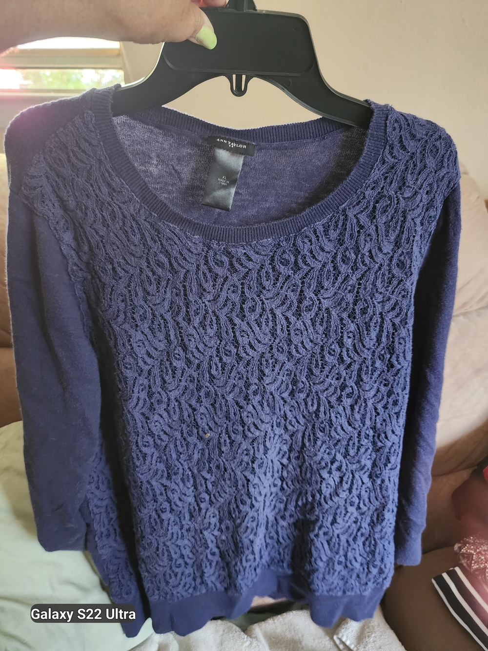 Ann Taylor Navy Lace-Front Knit Sweater